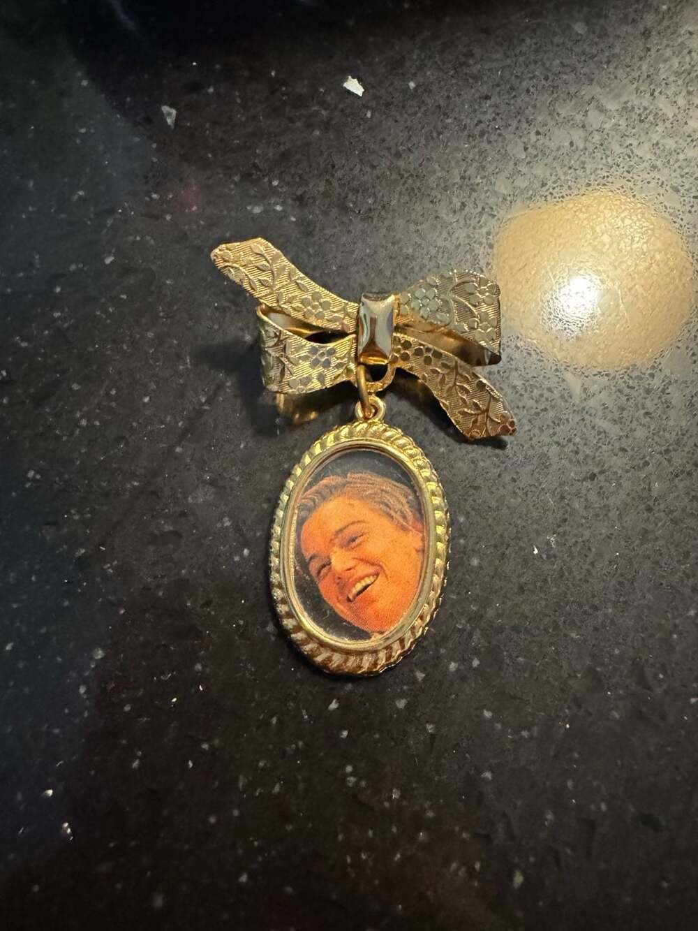 Vintage Gold Tone Bow Pin Brooch with Oval Celebrity Photo Dangle Charm